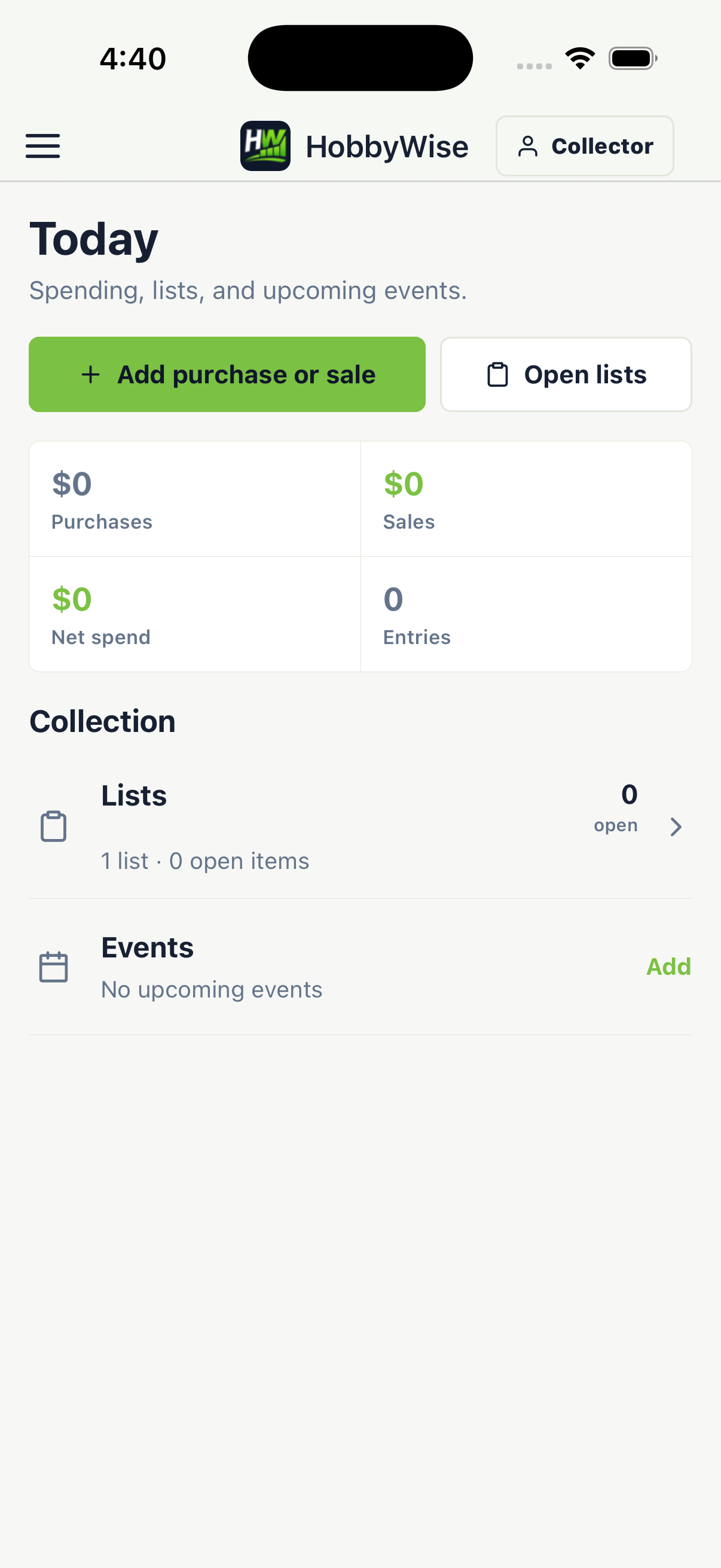 Current HobbyWise Collector Today screen in light mode