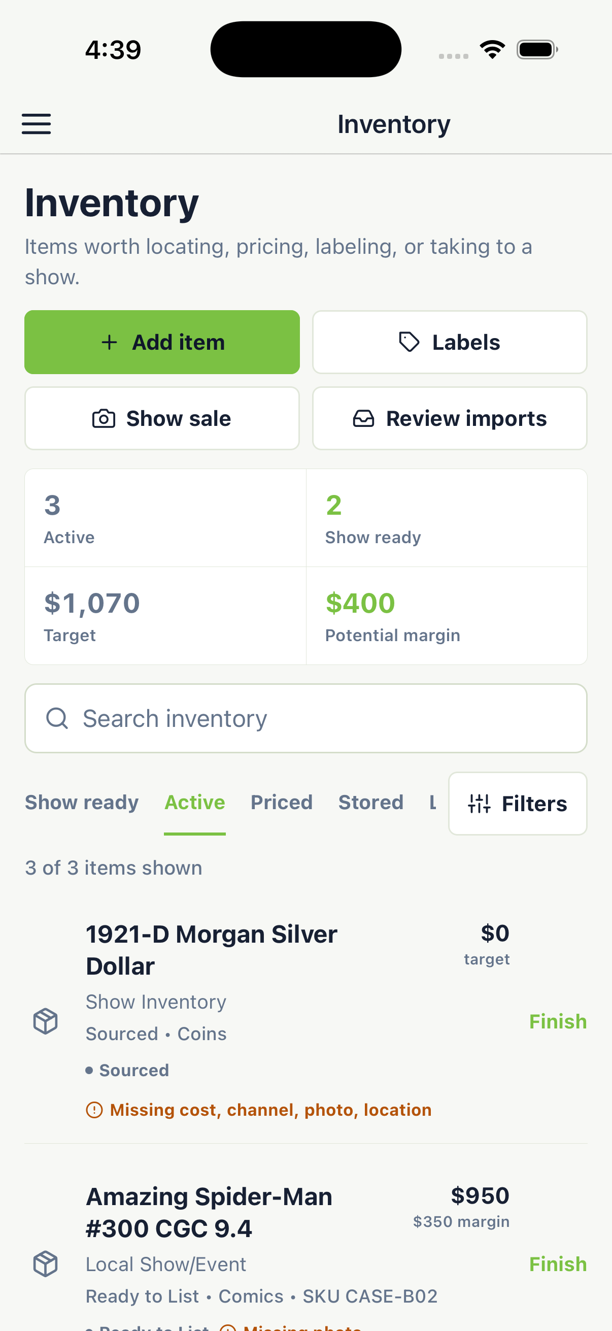 Current HobbyWise inventory workspace showing multi-category items, filters, and show-ready status