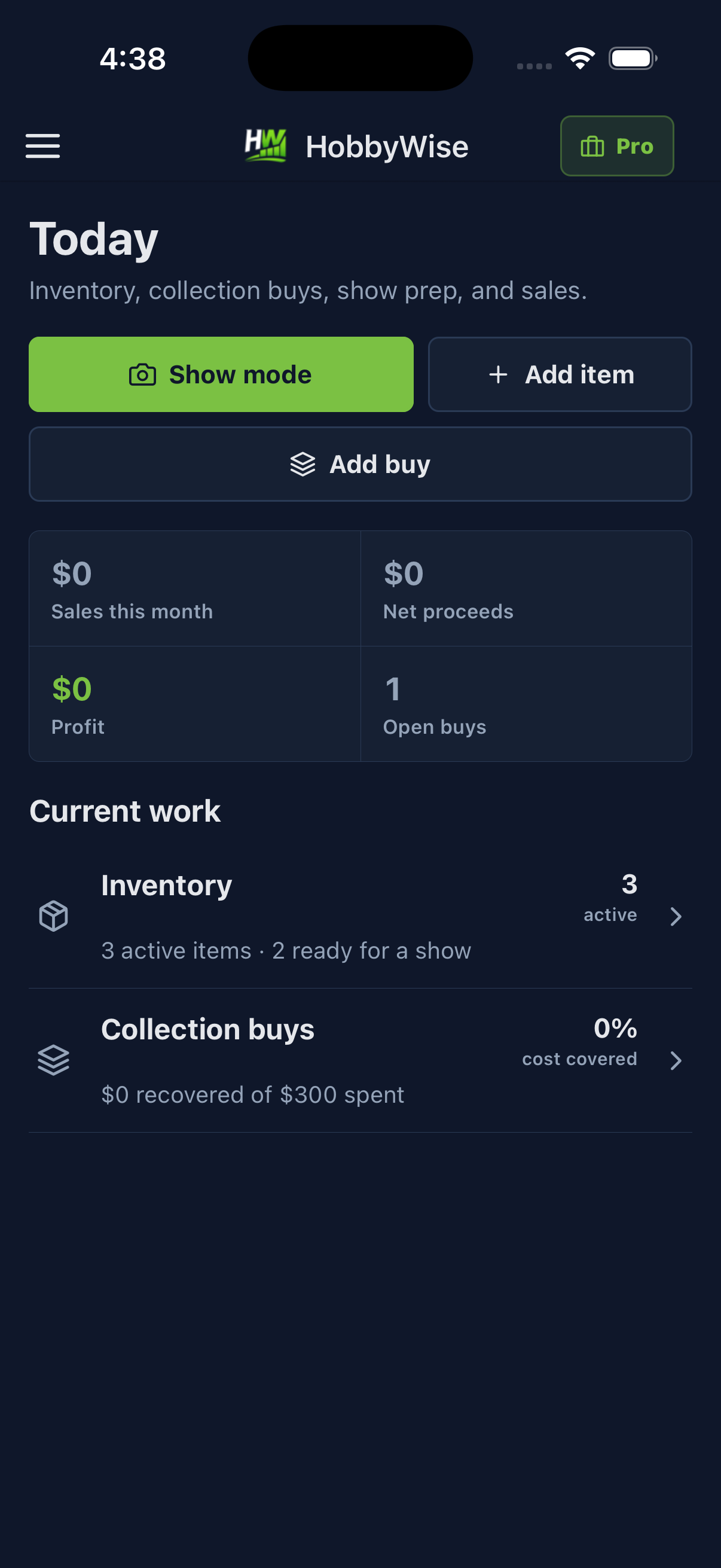 Current HobbyWise Pro Today screen in dark mode